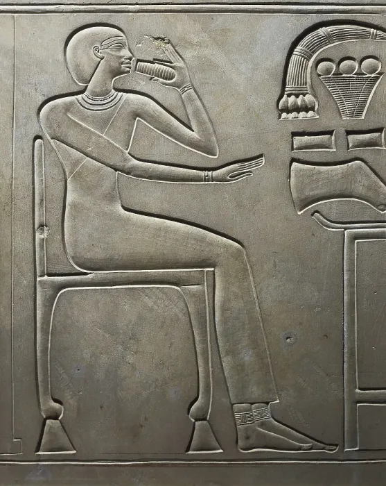 Framed Print : Sarcophagus of Queen Kawit. 2040 BC. Detail of Queen Kawit drinking in her throne. Egyptian art. Middle Kingdom. Relief on rock. EGYPT. Cairo. Egyptian Museum. Proc: EGYPT