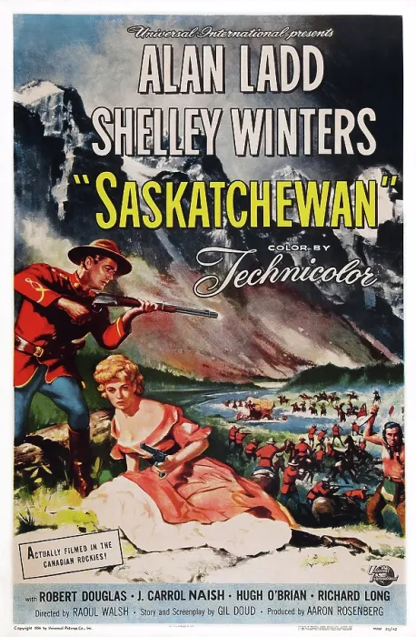 Framed Print : SASKATCHEWAN, from left: Alan Ladd, Shelley Winters on poster art, 1954