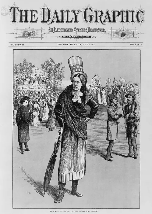 Framed Print : Satirical cartoon of American women suffrage leader, Susan B. Anthony, in the DAILY GRAPHIC, 1873