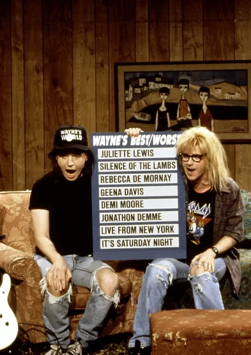 Framed Print : SATURDAY NIGHT LIVE, Mike Myers, Dana Carvey, Live From New York Opening / Wayne's World, (circa early 1990s), 1975