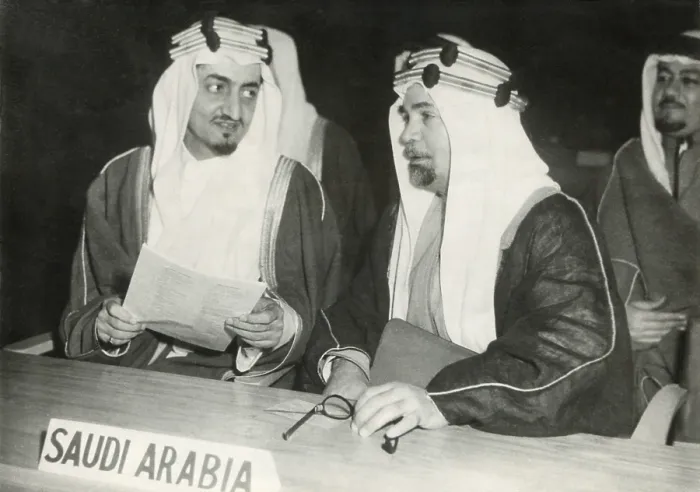 Framed Print : Saudi Arabian delegates to the United Nations session in London, Jan. 17, 1946. At left is Foreign Minister Faisal bin Abdulaziz, who would rule as King Faisal from 1964-1975 Framed Print : Saudi Arabian delegates to the United Nations session in London, Jan. 17, 1946. At left is Foreign Minister Faisal bin Abdulaziz, who would rule as King Faisal from 1964-1975