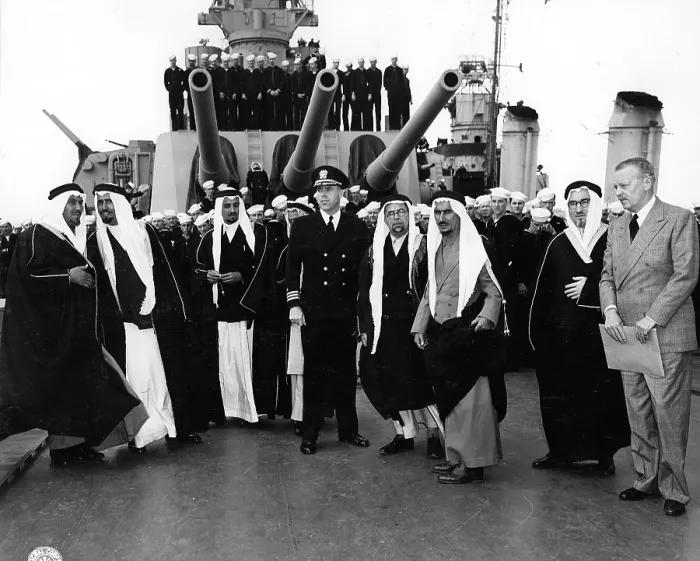 Framed Print : Saudi Arabian King Ibn Saud's entourage boarding the USS Quincy. The King would meet with FDR's on the ship in Great Bitter Lake, Egypt. Feb. 14, 1945. World War 2 Framed Print : Saudi Arabian King Ibn Saud's entourage boarding the USS Quincy. The King would meet with FDR's on the ship in Great Bitter Lake, Egypt. Feb. 14, 1945. World War 2