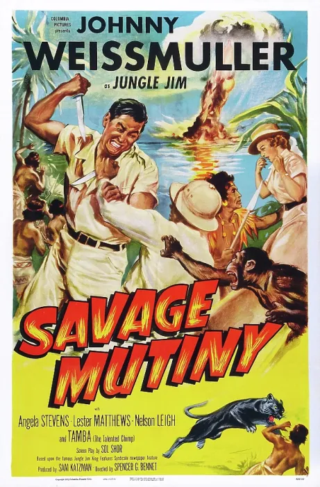 Framed Print : SAVAGE MUTINY, poster art, left: Johnny Weissmuller, far right: Angela Stevens, bottom: Tamba the Chimp 1953 Framed Print : SAVAGE MUTINY, poster art, left: Johnny Weissmuller, far right: Angela Stevens, bottom: Tamba the Chimp 1953