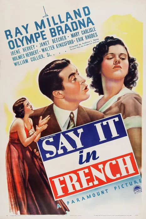 Framed Print : SAY IT IN FRENCH, US poster art, from left: Irene Hervey, Ray Milland, Olympe Bradna, 1938