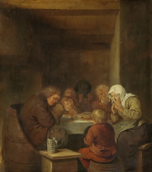 Framed Print : Saying Grace, by Jan Miense Molenaer, 1640-68, Dutch painting, oil on panel. A peasant family praying seated around a table set with a meager meal (BSLOC_2016_3_192) Framed Print : Saying Grace, by Jan Miense Molenaer, 1640-68, Dutch painting, oil on panel. A peasant family praying seated around a table set with a meager meal (BSLOC_2016_3_192)