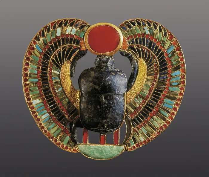 Framed Print : Scarab pectoral. 1361 -1352 BC. It represents the figure of a scarab (Kepri), symbol of the immortality. Made in gold, lapis-lazuli, amber and other precious stones
