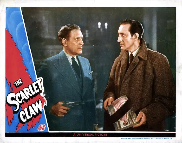 Framed Print : THE SCARLET CLAW, (aka SHERLOCK HOLMES AND THE SCARLET CLAW), from left, Paul Cavanagh, Basil Rathbone, 1944