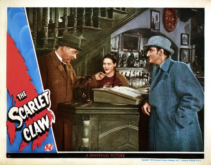 Framed Print : THE SCARLET CLAW, (aka SHERLOCK HOLMES AND THE SCARLET CLAW), from left, Nigel Bruce, Kay Harding, Basil Rathbone, 1944