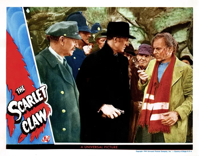 Framed Print : THE SCARLET CLAW, from left, David Clyde, Basil Rathbone, Arthur Hohl, 1944