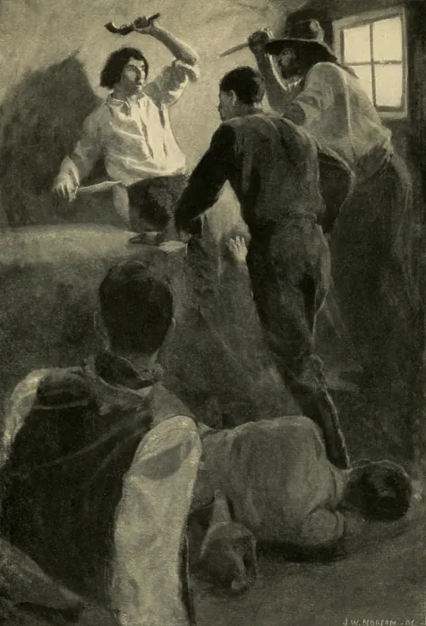 Framed Print : Scene of adventure in the life of young Wild Bill Hickok, showing his Desparate Fight in the Dug-Out- one man against ten. Print from a painting by John W. Norton
