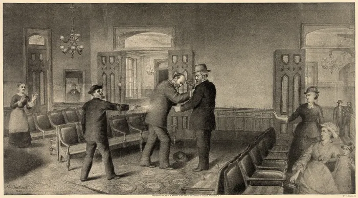 Framed Print : Scene of the assassination of Gen. James A. Garfield, President of the United States by Charles J. Guiteau. engraving, Dec. 21, 1881 Framed Print : Scene of the assassination of Gen. James A. Garfield, President of the United States by Charles J. Guiteau. engraving, Dec. 21, 1881