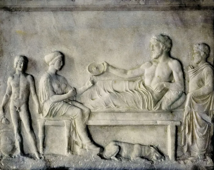 Framed Print : Scene of a banquet. 4th c. BC. Classical Greek art. Relief on marble. GREECE. Athens. National Museum of Archaeology. AISA / Everett Collection**US SALES ONLY**