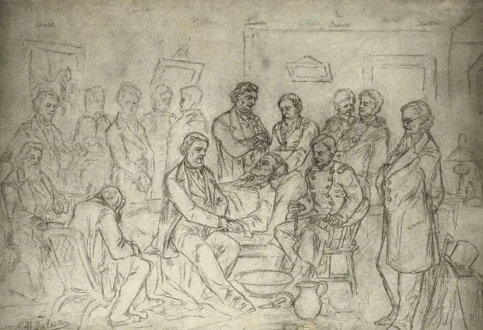 Framed Print : Scene at the deathbed of President Abraham Lincoln, April 15, 1865. Drawing by Hermann Faber, an artist on the Surgeon Generals staff