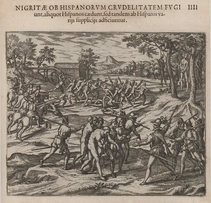 Framed Print : Scene of early slavery in the Americas, shows Spanish soldiers slaughtering and capturing resisting Native Americans Framed Print : Scene of early slavery in the Americas, shows Spanish soldiers slaughtering and capturing resisting Native Americans