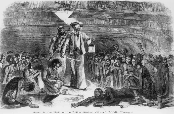 Framed Print : Scene in the Hold of the Blood-Stained Gloria, shows a sailor walking among African captives in the hold of the slave ship