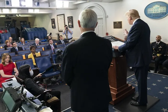 Framed Print : Scene in the James S. Brady Press Briefing Room of the White House on April 10, 2020