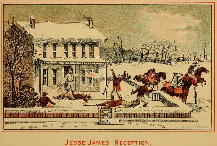 Framed Print : Scene of Jesse James shooting six men while resisting arrest at the Missouri home of his mother and stepfather in February 1867