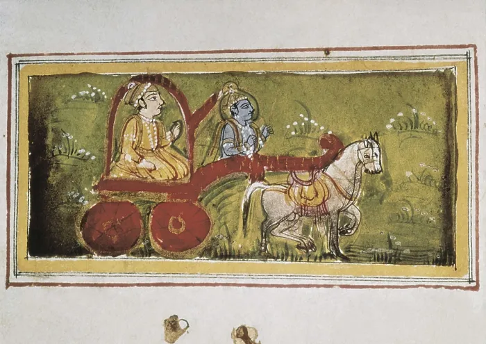 Framed Print : Scene of Mahabharata (18th c.). Arjuna on a chart led by Krishna. Hindu art. Miniature Painting. FRANCE. Paris. National Library. AISA / Everett Collection**US SALES ONLY**
