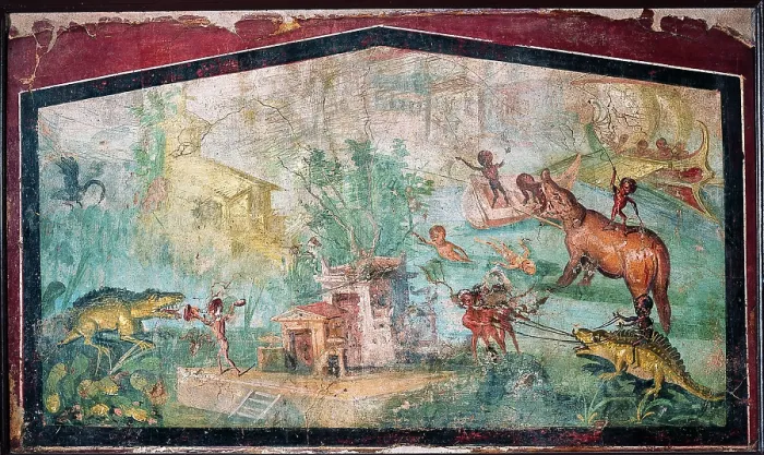 Framed Print : Scene on the Nile, by unknown artist, 55-79, 1st Century A.D. ripped fresco, 75 x 127 cm - Italy, Campania, Naples, National Archaeological Museum, Room LXXIV, inv. 113195