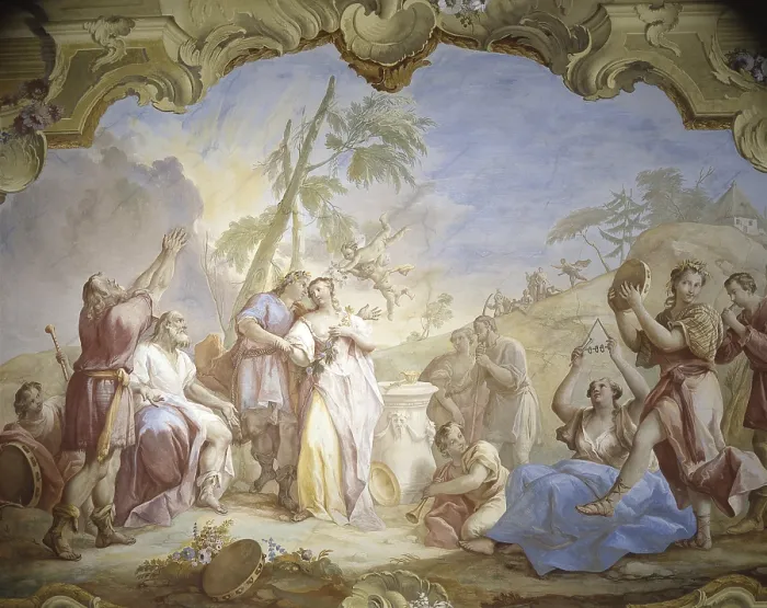 Framed Print : Scene of Pastoral Wedding, by Jacopo Guarana, ca. 1770, 18th Century, fresco - Italy, Veneto, Cinto Euganeo, Valnogaredo, Contarini Rota Villa. Detail