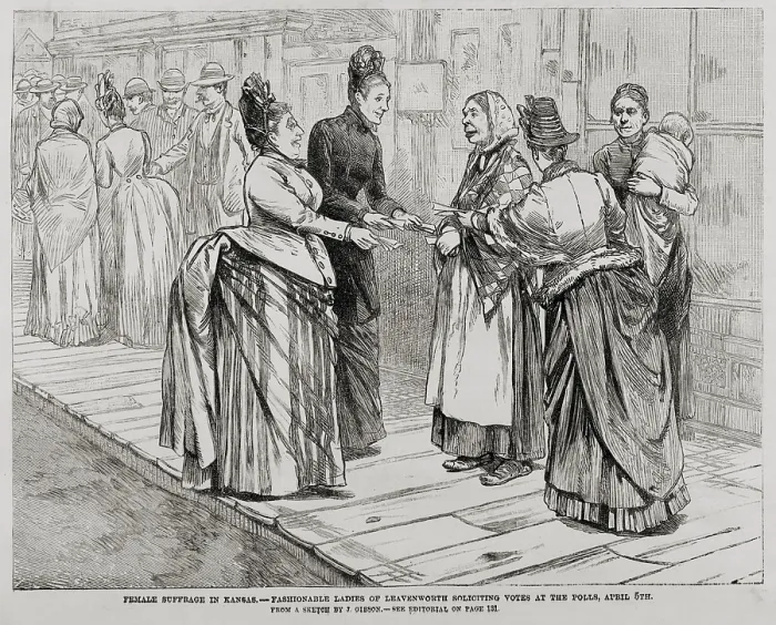 Framed Print : Scene at the polls of Leavenworth, Kansas, where women had the right to vote in 1887. Three fashionably dressed women solicit votes from two plainly dressed women