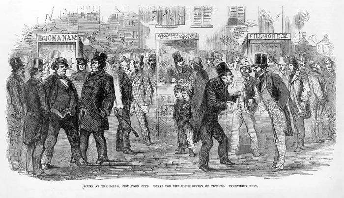 Framed Print : Scene at the polls, New York City--Boxes for the distribution of tickets. 1856
