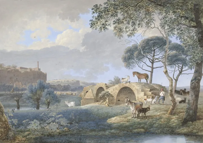 Framed Print : Scene in Tours, by Josephus Augustus Knip, 1808, French watercolor painting. Ancient Roman bridge at St. Avertin near Tours with a herder and animals. (BSLOC_2016_1_251)