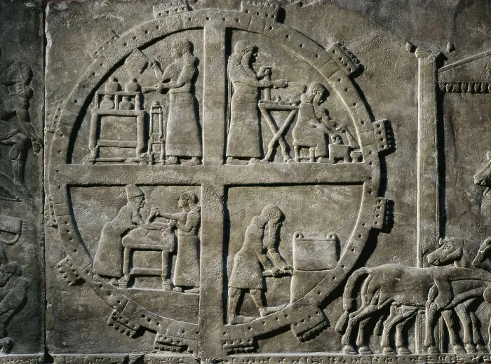 Framed Print : Scenes of domestic life. 865 BC. Assyrian art. Relief on rock. UNITED KINGDOM. London. The British Museum. Proc: IRAQ. Kalhu. Nimrud. AISA / Everett Collection**US SALES ONLY**