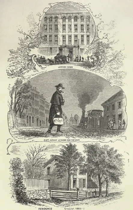 Framed Print : Three scenes from Grant's life in Galena, Illinois in 1860-61. At top is J.R. Grant, his father's leather store where he worked as a clerk Framed Print : Three scenes from Grant's life in Galena, Illinois in 1860-61. At top is J.R. Grant, his father's leather store where he worked as a clerk