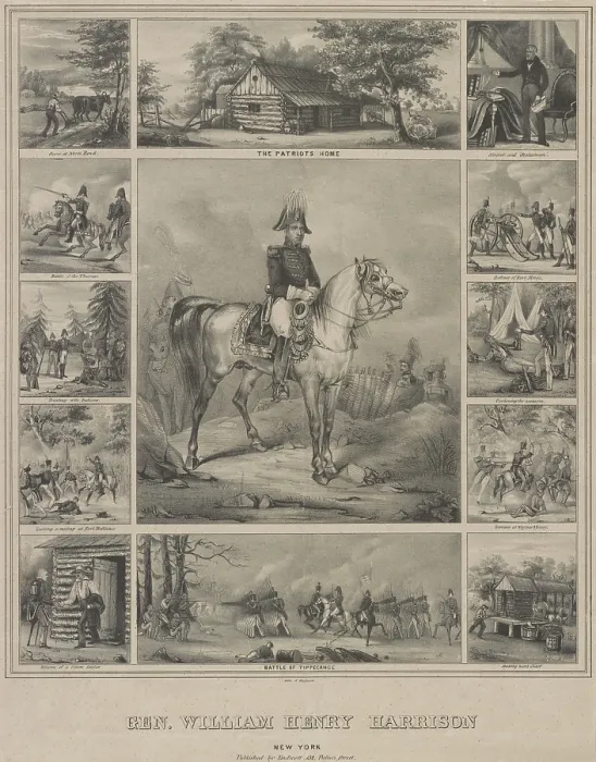 Framed Print : Scenes from the life of 1840 Whig Presidential candidate William Henry Harrison. The print was published during Harrison's successful 1840 campaign for the Presidency