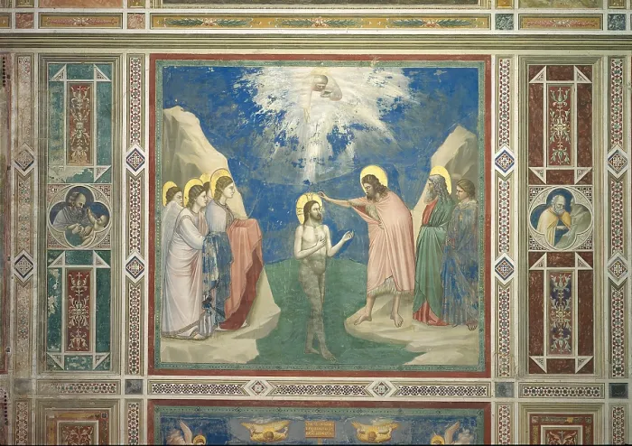 Framed Print : Scenes from the Life of Christ Baptism of Christ, by Giotto, 1304 - 1306, 14th Century, fresco, - Italy, Veneto, Padua, Scrovegni Chapel. All