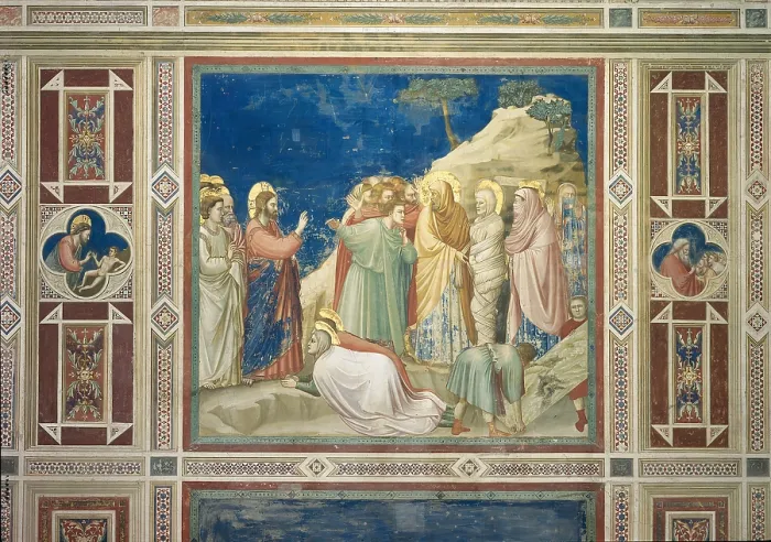 Framed Print : Scenes from the Life of Christ Raising of Lazarus, by Giotto, 1304 - 1306, 14th Century, fresco, - Italy, Veneto, Padua, Scrovegni Chapel. All