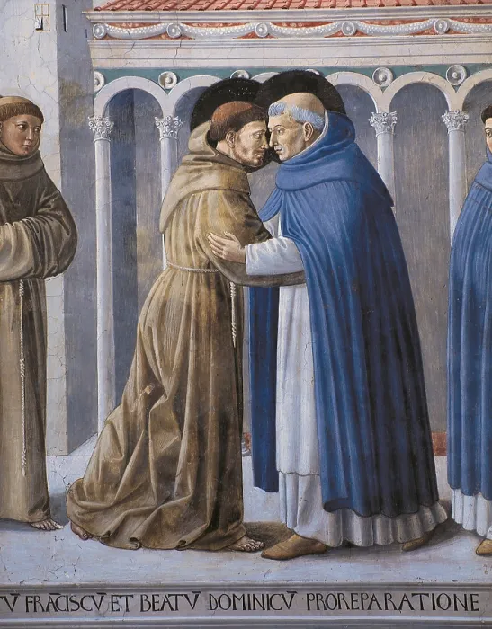 Framed Print : Scenes from the Life of St Francis Meeting of St Francis and St Dominic, by Benozzo di Lese di Sandro known as Benozzo Gozzoli, 15th Century, 1450 -1452, fresco, - Italy, Umbria