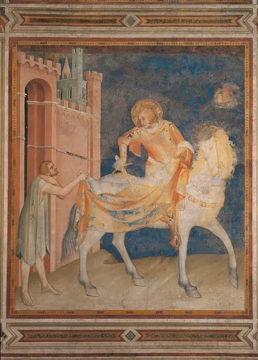 Framed Print : Scenes from the Life of St Martin Division of the Cloak, by Simone Martini, 1315 - 1316 about, 14th Century, fresco, cm 265 x 230 - Italy, Umbria, Perugia, Assisi Framed Print : Scenes from the Life of St Martin Division of the Cloak, by Simone Martini, 1315 - 1316 about, 14th Century, fresco, cm 265 x 230 - Italy, Umbria, Perugia, Assisi