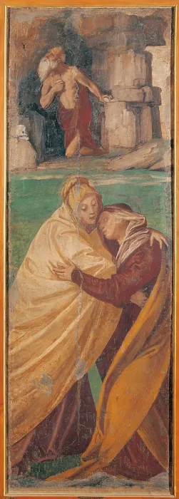 Framed Print : Scenes from the Life of the Virgin Visitation, by Gaudenzio Ferrari, 1539 post, 16th Century, fresco transferred to canvas, wooden frame, cm 190 x 65 - Italy, Lombardy, Milan