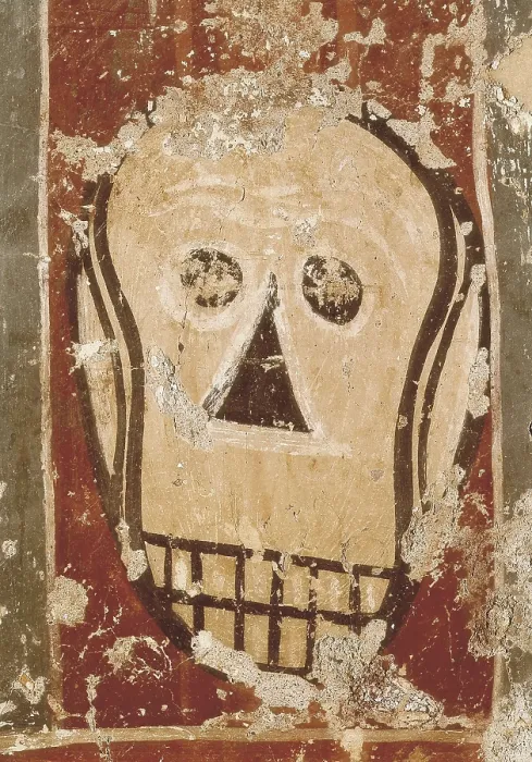 Framed Print : Scenes of the New Testament on the Northern Wall. Paintings of Sorpe. 2nd half 12th c. Detail situated under the Christ crucified from a skull. Romanesque art. Fresco. SPAIN
