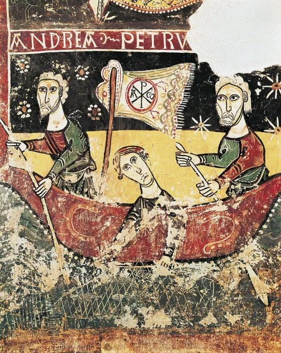 Framed Print : Scenes of the New Testament on the Northern Wall. Paintings of Sorpe. 2nd half 12th c. Detail, the Apostles Saint Andrew, Saint Peter and Saint James (fro mleft to right) fishing