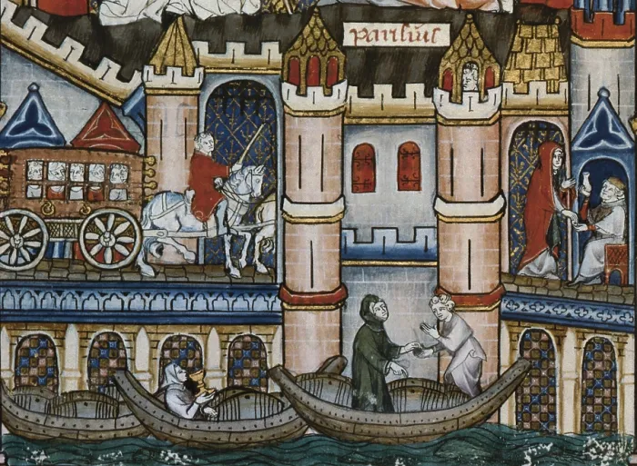 Framed Print : Scenes from 'Vie de St.Denis'. Saint Santin and Saint Antonino are called to write Saint Denis life. Page 125. Detail of Paris and the Seine at the bottom side Framed Print : Scenes from 'Vie de St.Denis'. Saint Santin and Saint Antonino are called to write Saint Denis life. Page 125. Detail of Paris and the Seine at the bottom side