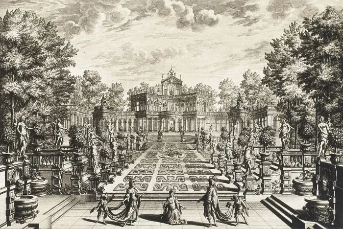 Framed Print : Scenography with garden and castle (18th c.) by Giuseppe Galli-Bibiena. Baroque art. Engraving. AISA / Everett Collection (32861)**US SALES ONLY**