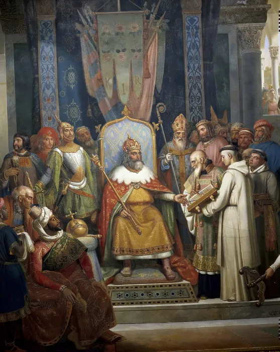 Framed Print : SCHNETZ, Jean-Victor (1787-1870). Charlemagne surrounded by his principal officers receives Alcuin of York, which presents the writings of his monks. Painting ca 1833