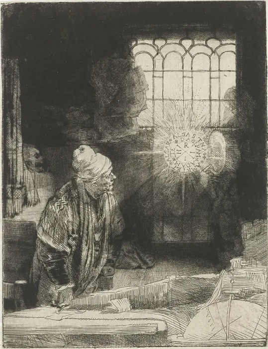 Framed Print : A Scholar in his Study, by Rembrandt van Rijn, 1650-54, Dutch print, etching on an apparition of a disc of light enclosing a series the letters INRI