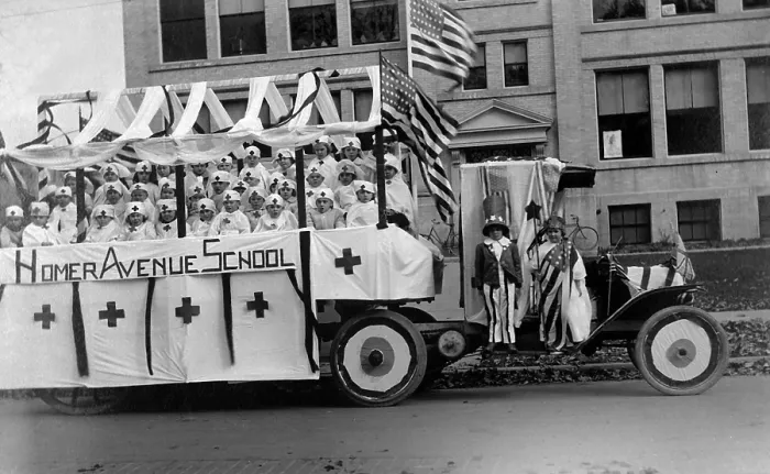 Framed Print : School children on a float in the Second Liberty Loan Parade, in Cortland, N.Y. World War I. Ca. 1917