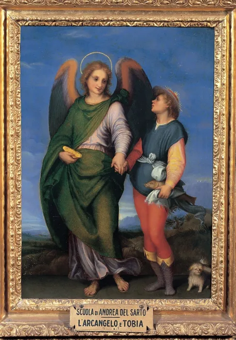 Framed Print : school d'Agnolo Andrea detto Andrea del Sarto, Archangel Raphael with Tobias, 17th Century, oil on panel, Italy, Tuscany, Florence, Palazzo Pitti, Palatine Gallery