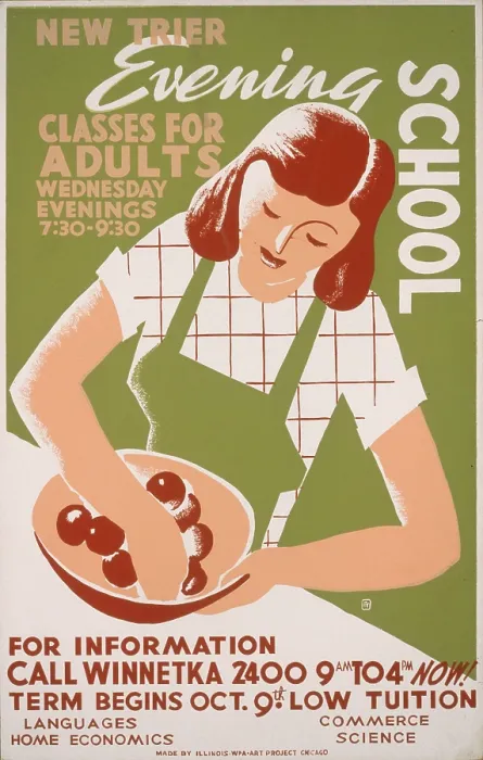 Framed Print : School, poster showing a woman wearing an apron with her hand in a bowl of food, reads: New Trier evening school Classes for adults, Wednesday evenings 7:30 - 9:30