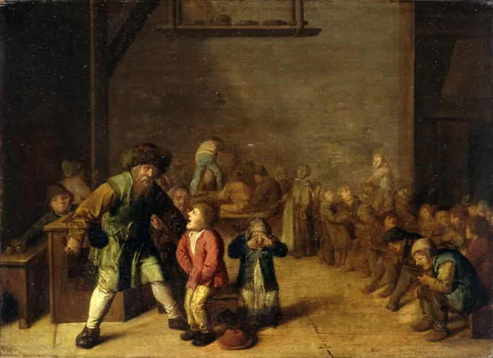 Framed Print : The School Teacher Punishes the Student, by Jan Miense Molenaer, 1650 - 1680, 17th Century, oil on board, 31 x 42 cm - Italy, Lombardy, Milan, Castello Sforzesco