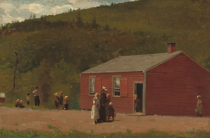 Framed Print : School Time, by Winslow Homer, 1874, American painting, oil on canvas. Twelve children and their female school teacher near a small red school house