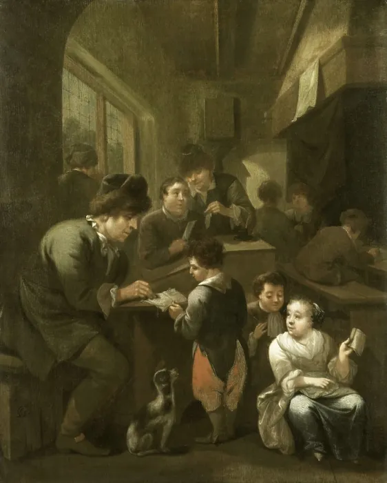 Framed Print : The Schoolmaster, by Bernardus van Schijndel, 1670-1709, Dutch painting, oil on panel. Classroom with young boys and girls writing and reading