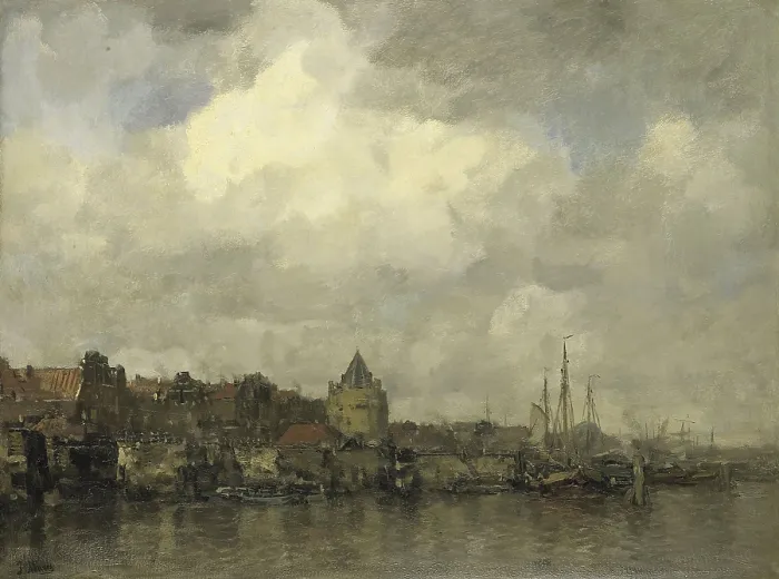 Framed Print : The Schreierstoren from Outside Amsterdam, by Jacob Maris, c. 1876, Dutch painting, oil on canvas. The Schreierstoren is the large round tower left of center