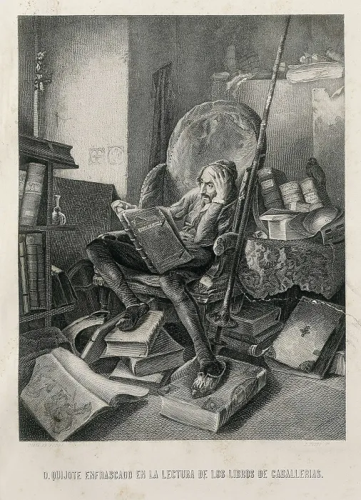 Framed Print : SCHROEDTER, Adolf (1805-1875); CERVANTES SAAVEDRA, Miguel de (1547-1616). 'D. Quixote immersed in the reading of chivalresque novels'. Etching. UNITED STATES OF AMERICA