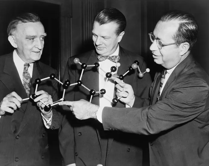 Framed Print : Scientists with a model of the molecular structure of cortisone. Senator Joseph O'Mahoney (center), with National Institute of Health scientists Dr. Floyd S